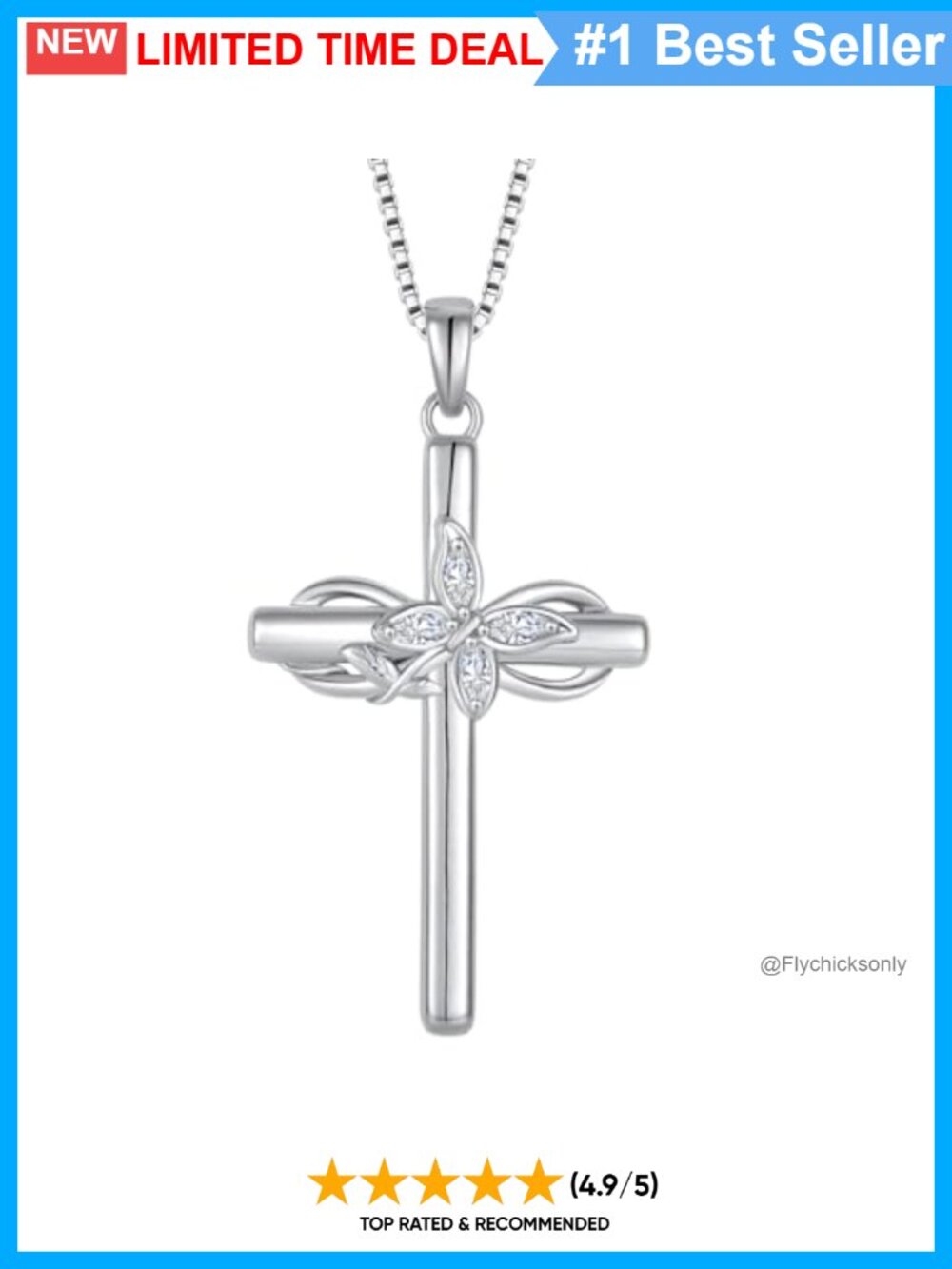 925 Sterling Silver Butterfly Cross Necklace 18k White Gold Plated